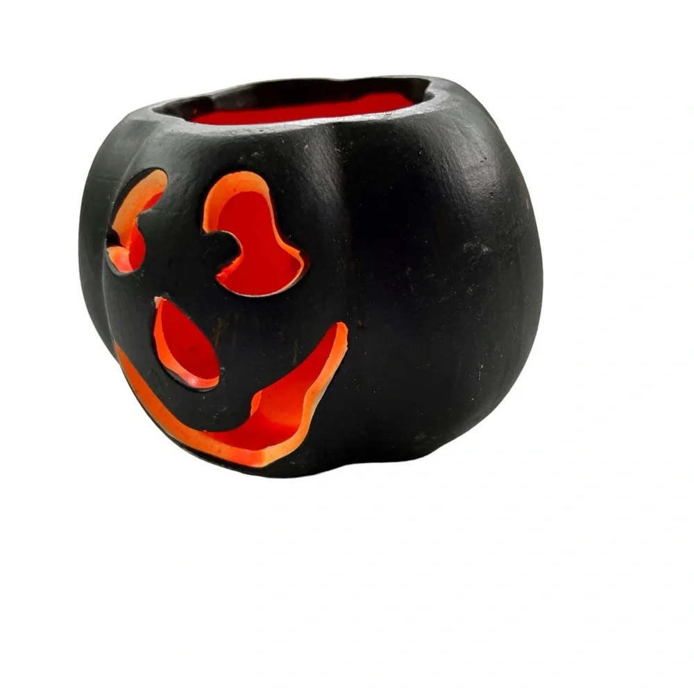 Ceramic Halloween Pumpkin Candle Holder Black And Orange Scary Face Table Top